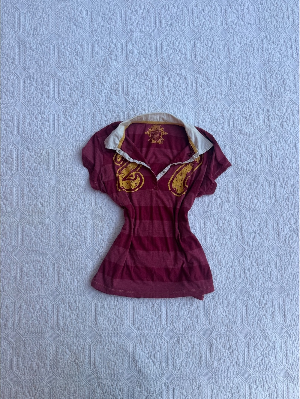 Y2K no boundaries Women's Vintage Maroon Striped Polo Shirt with Yellow Crest